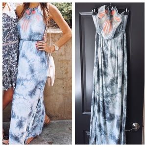 Tie-dye maxi dress with neon embroidery